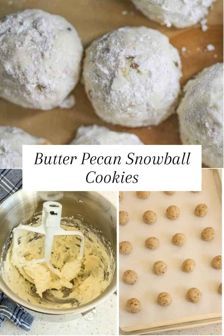 cooked and uncooked Butter Pecan Snowball Cookies with step by step process