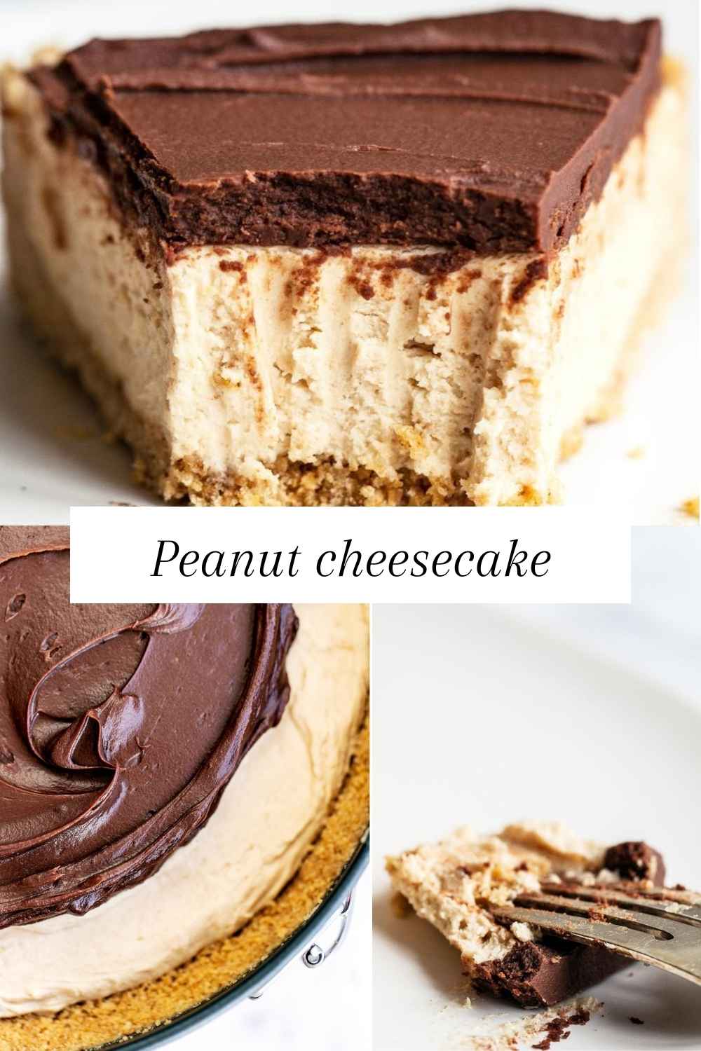 slices of creamy no-bake cheesecake, packed with peanut butter and topped with chocolate