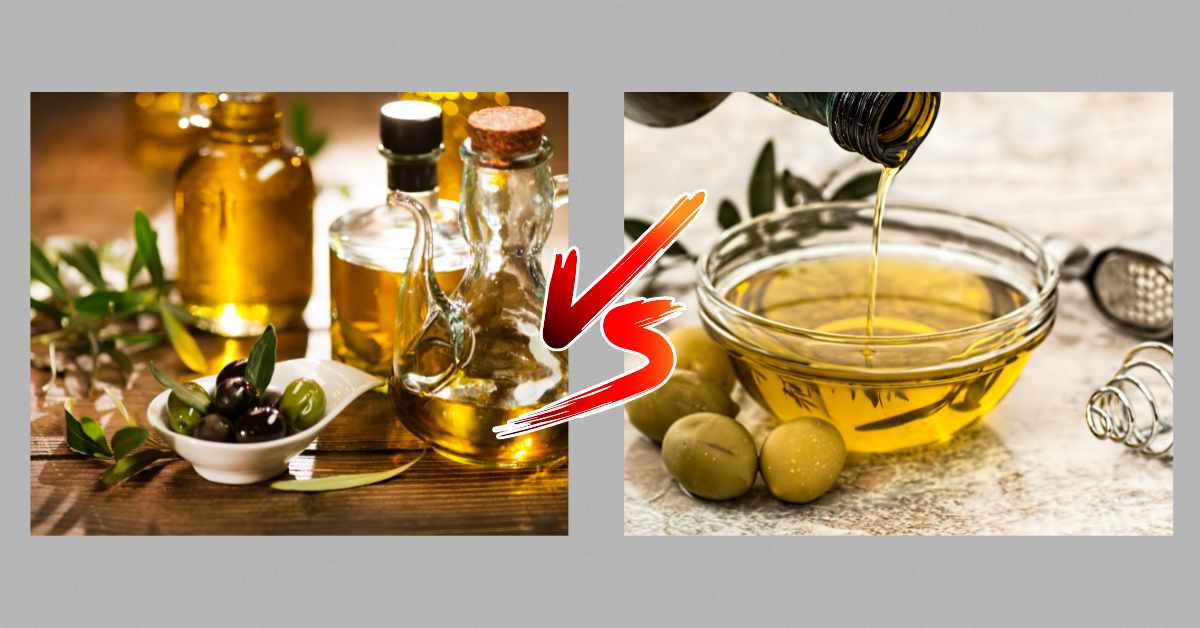 Extra Virgin Olive Oil and Regular Olive Oil in two separate pictures for their comparison